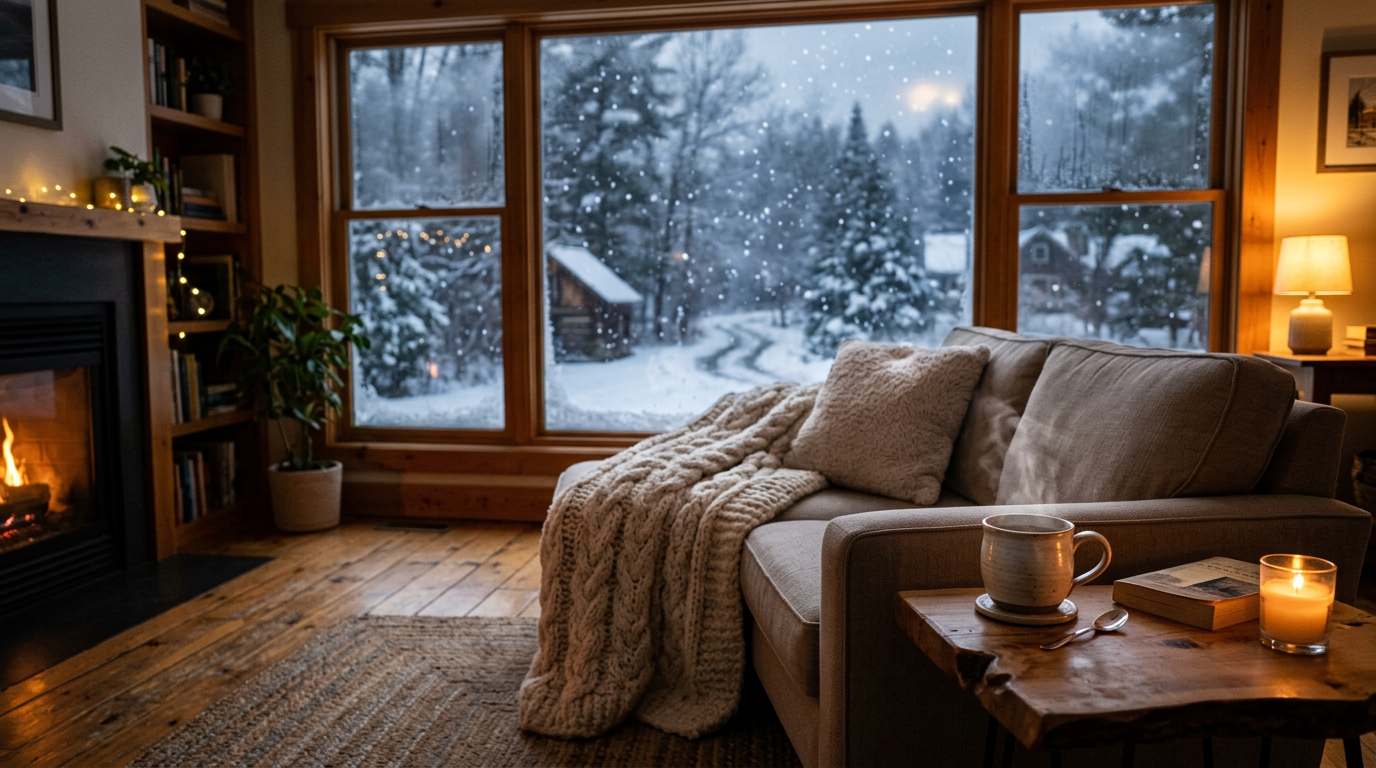 Cozy living room with a clean wool blanket on the sofa while snow falls outside the window